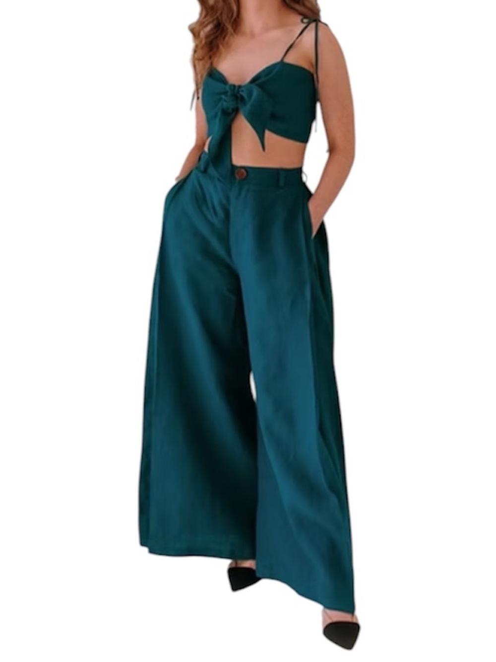 Amalka | 100% Linen Trouser and Tie Crop Top Set in Teal Size XS